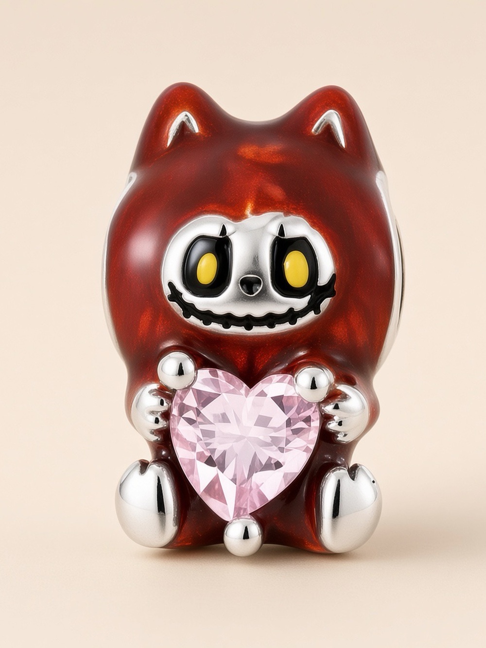 Sterling Silver Labubu Charm with Pink Heart Gem compatible with Pandora